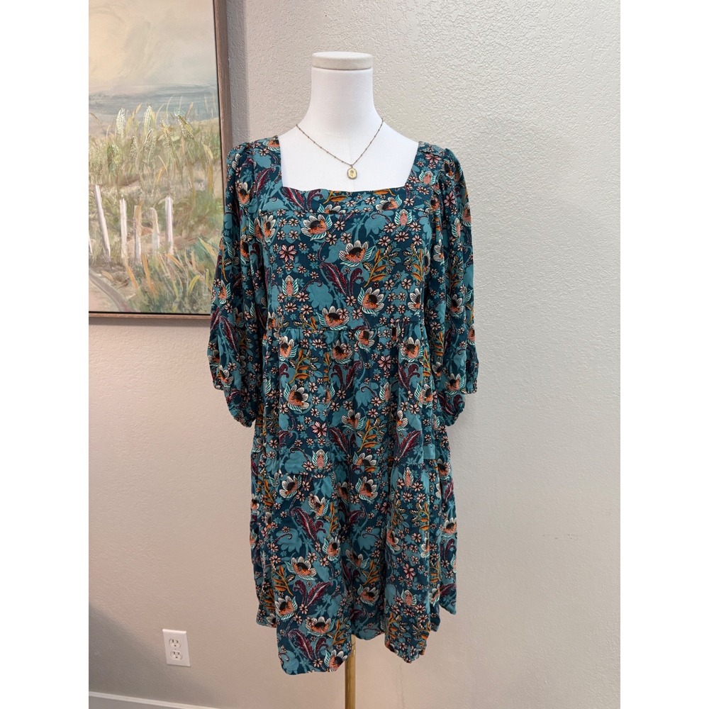 Maurices Teal Floral Puff Sleeve Tiered Mini Dress Cottagecore Rayon Size Mβ